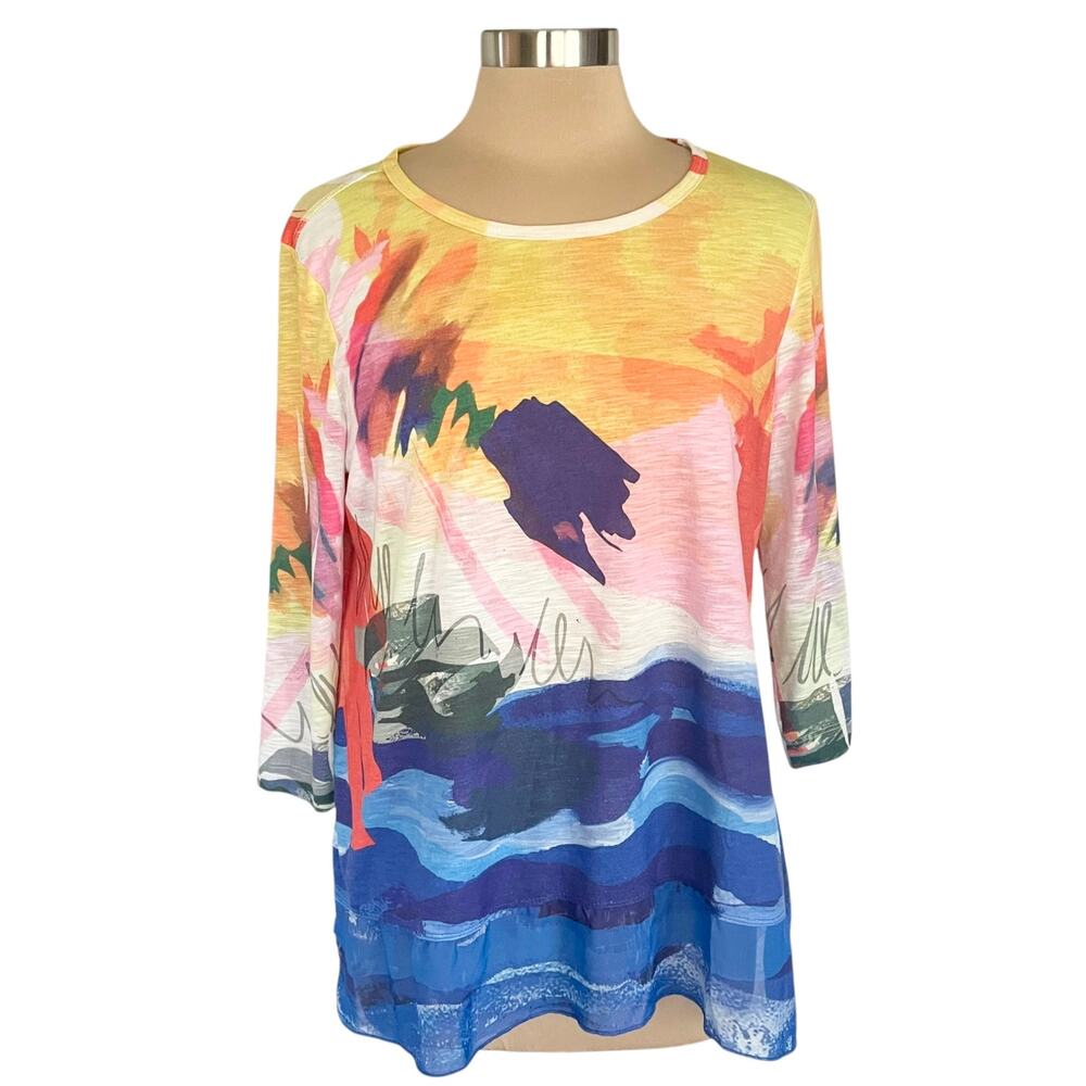 Ali Miles Bright Bold Color Abstract Knit/Chiffon Top LARGE Artsy Casual Comfy